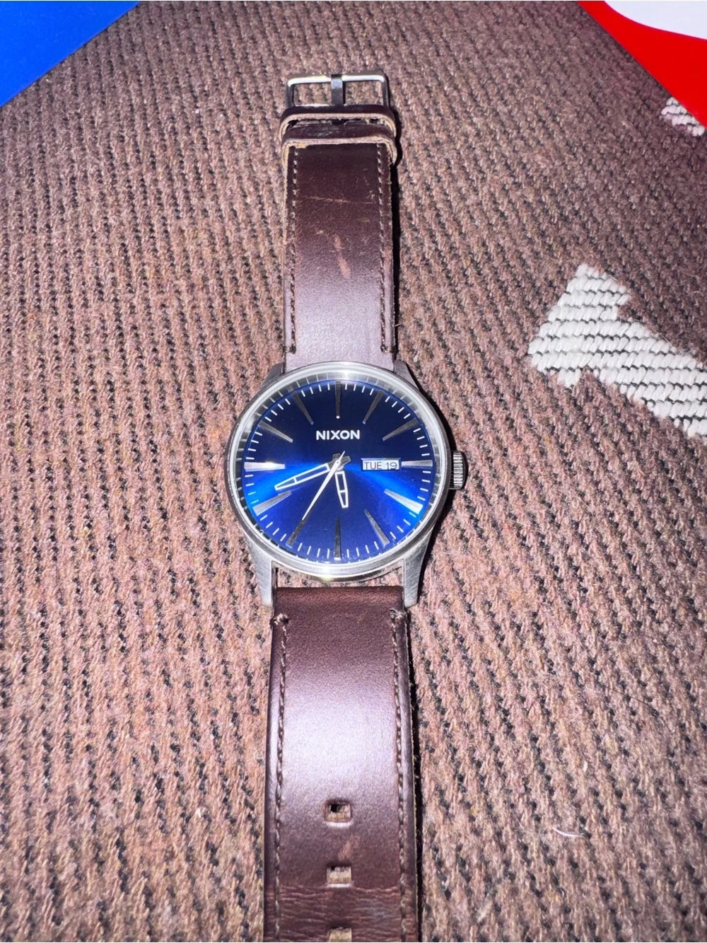 Nixon Brown Leather Strap Watch with Blue Dial
